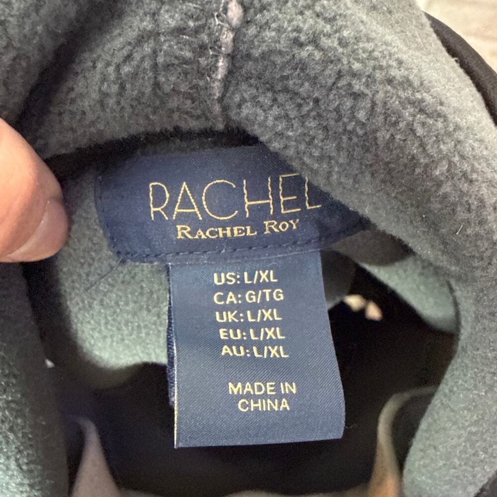 Rachel Rachel Roy Plaid Hooded Poncho Cape L/XL Black Tan Cozy Winter Wrap - Picture 6 of 7